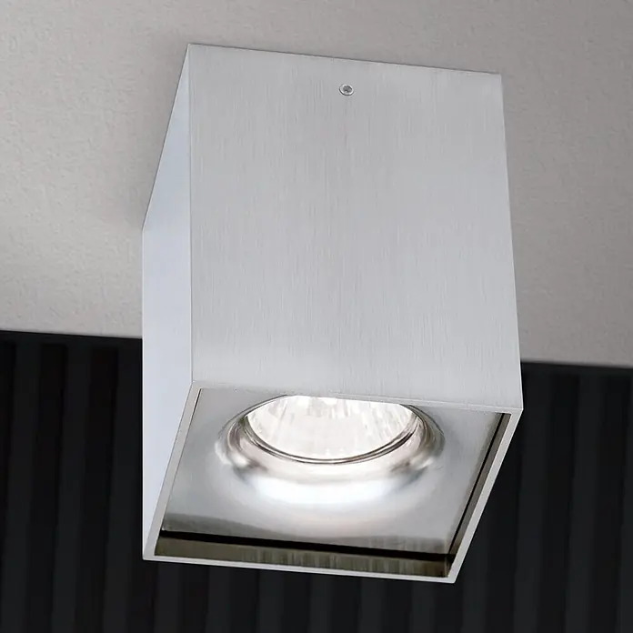 Orion Leuchten Deckenstrahler - L x B x H: 8,3 x 8,3 x 10,5 cm, GU10 - Quadratischer Deckenstrahler aus gebürstetem Edelstahl mit sichtbarer Lichtquelle, an der Decke montiert.