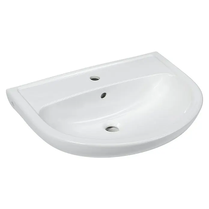 Gustavsberg Concentus Pure Waschtisch - 65 x 48,5 cm, Ohne Spezialglasur, Hahnloch: Mitte, Mit Überlauf, Weiß - Nahaufnahme eines weißen Keramikwaschbeckens mit drei Löchern für Wasserhahn und Abfluss.