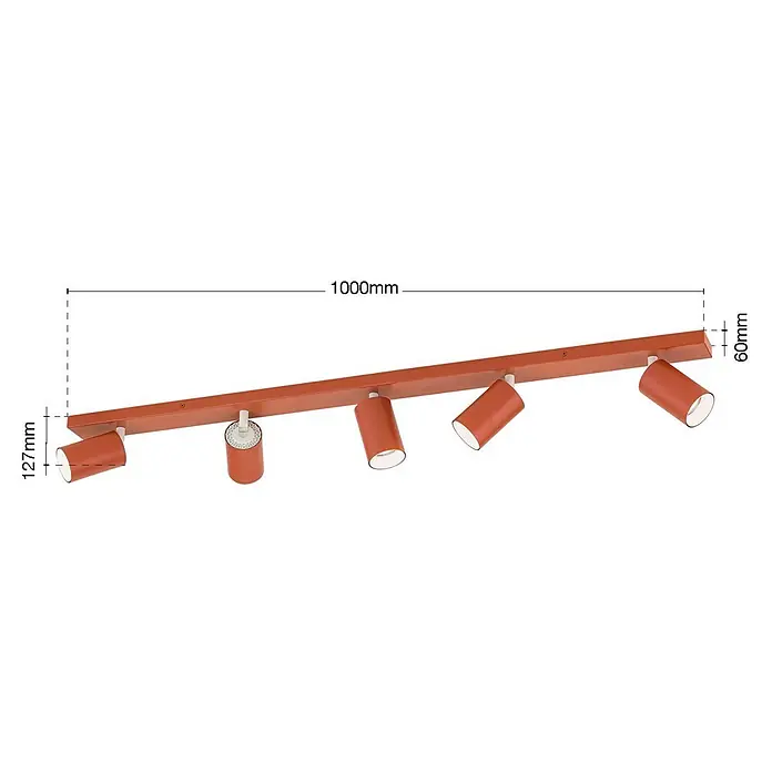 Orion Leuchten Deckenstrahler - L x B x H: 100 x 6 x 12,7 cm, GU10 - Orangefarbene Metallschiene mit fünf verstellbaren Strahlern. Misst 1000mm Länge und 127mm Höhe.