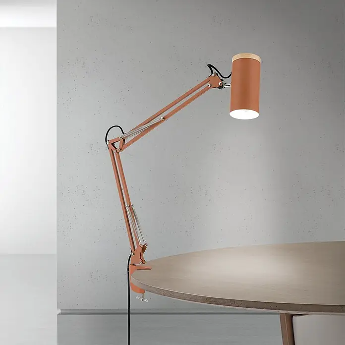 Orion Leuchten Klemmleuchte - 40 W, L x B x H: 55 x 8 x 86 cm - Terrakotta-orange Gelenk-Schreibtischlampe mit Holzdetail, an rundem Holztisch befestigt, beleuchtet ihn.