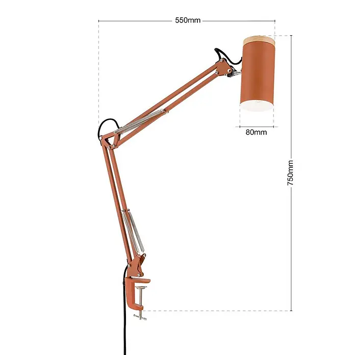 Orion Leuchten Klemmleuchte - 40 W, L x B x H: 55 x 8 x 86 cm - Orangefarbene verstellbare Schreibtischlampe mit Holzkopf und Klemmfuß.