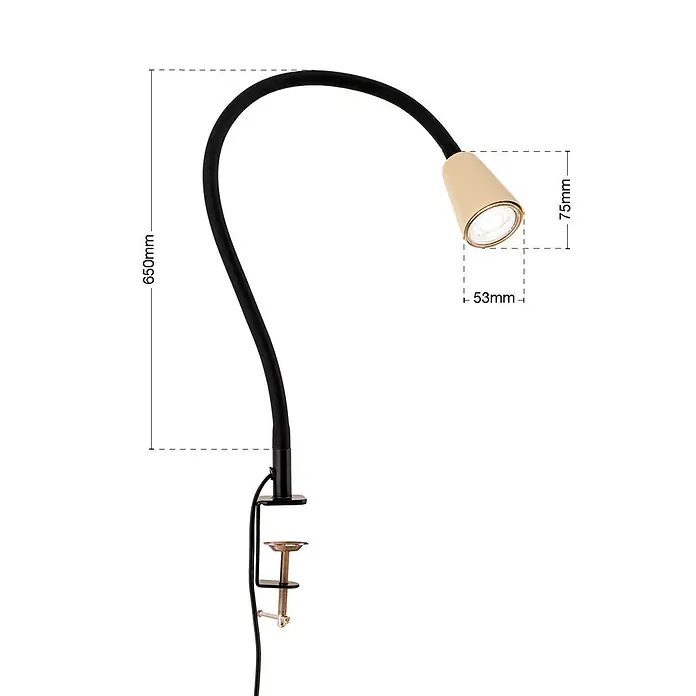 Orion Leuchten Klemmleuchte - 40 W, L x B x H: 7,5 x 24 x 58 cm - Flexible schwarze Klemm-Schreibtischlampe mit goldenem Kopf und 650mm Höhe.
