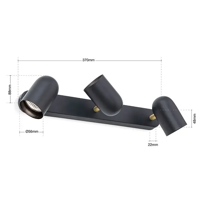 Orion Leuchten Deckenstrahler - L x B x H: 14 x 37 x 8,8 cm, GU10 - Schwarze Dreifach-Spotleiste mit goldenen Akzenten. Verstellbare Metallschirme.