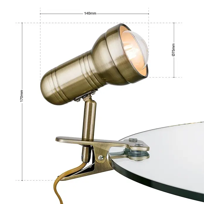 Orion Leuchten Klemmleuchte - 40 W, L x B x H: 14 x 7,5 x 17 cm - Messingfarbene Klemmleuchte mit sichtbarer Glühbirne, an einer Glasplatte befestigt. 140mm lang, 170mm hoch.