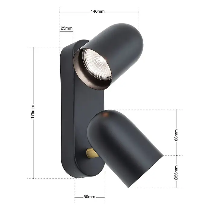 Orion Leuchten Deckenstrahler - L x B x H: 14 x 18 x 8,8 cm, GU10 - Mattschwarze Doppel-Wandleuchte mit zwei verstellbaren Köpfen und Messingakzenten, mit Maßen dargestellt.
