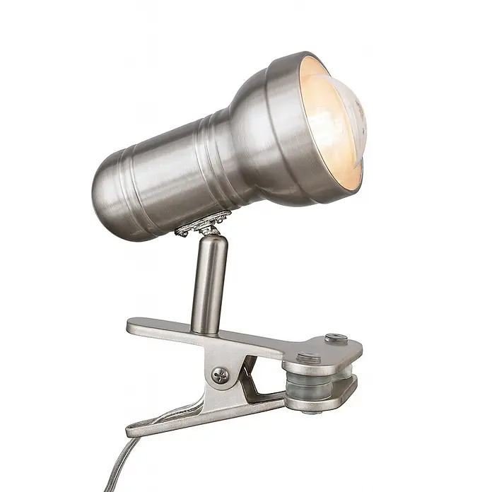 Orion Leuchten Klemmleuchte - 40 W, L x B x H: 14 x 7,5 x 17 cm - Gebürsteter Nickel Klemmstrahler mit verstellbarem Kopf und sichtbarer Glühbirne.