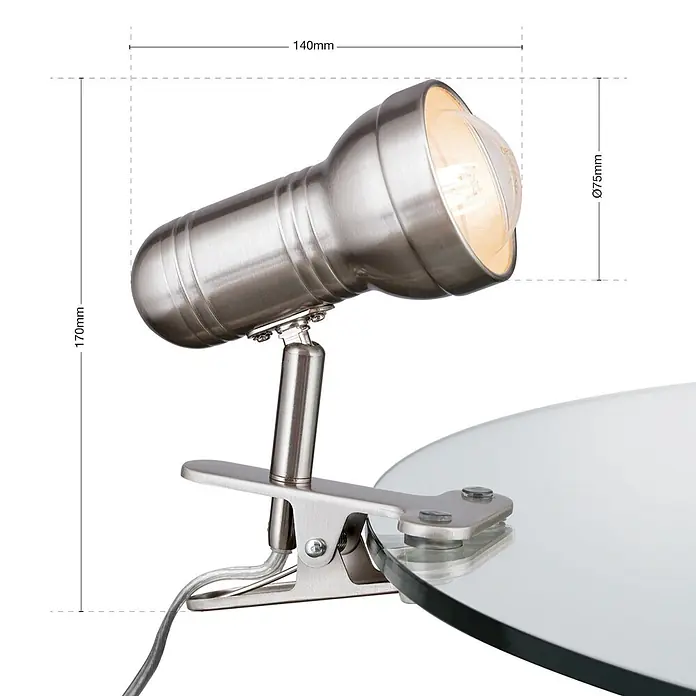 Orion Leuchten Klemmleuchte - 40 W, L x B x H: 14 x 7,5 x 17 cm - Gebürstete silberne Klemmstrahlerlampe (170mm hoch, 140mm lang, Ø75mm Kopf) mit Glühbirne, an einer Glasplatte befestigt.