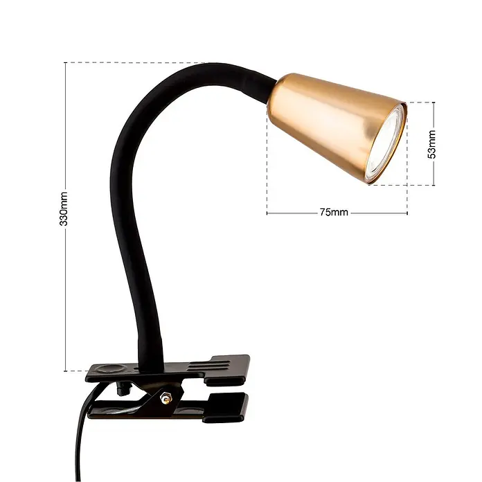 Orion Leuchten Klemmleuchte - 40 W, L x B x H: 7,5 x 16,5 x 27 cm - Gold-schwarze Klemmleuchte mit flexiblem Schwanenhalsarm.