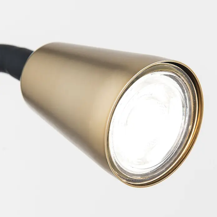 Orion Leuchten Klemmleuchte - 40 W, L x B x H: 7,5 x 16,5 x 27 cm - Goldfarbener zylindrischer Lampenkopf mit hellem Licht, verbunden mit einem schwarzen Arm.