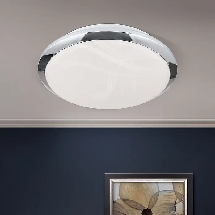 Orion Leuchten Deckenleuchte - L x B x H: 26 x 26 x 10,5 cm, E27 - Runde Deckenleuchte mit Chromrand und weißem Diffusor, bündig montiert.