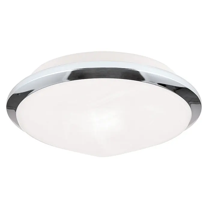 Orion Leuchten Deckenleuchte - L x B x H: 26 x 26 x 10,5 cm, E27 - Eine weiße Deckenleuchte mit gewölbtem Opalschirm und poliertem Chromrand.