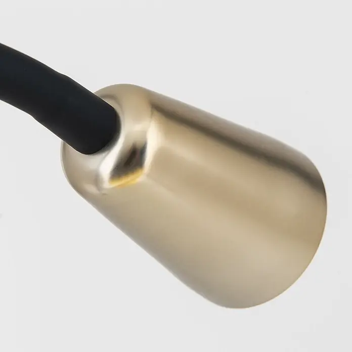 Orion Leuchten Klemmleuchte - 40 W, L x B x H: 7,5 x 24 x 58 cm - Schwarzer Arm verbunden mit gebürstetem goldfarbenem zylindrischem Leuchtenbauteil.