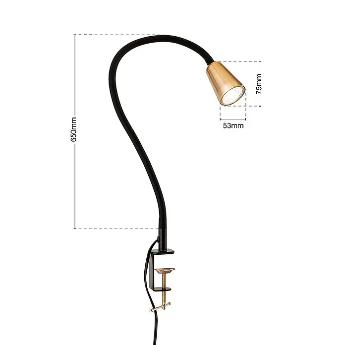 Orion Leuchten Klemmleuchte - 40 W, L x B x H: 7,5 x 24 x 58 cm - Schwarze Schwanenhals-Klemmleuchte mit goldenem Lampenschirm, 650mm hoch.