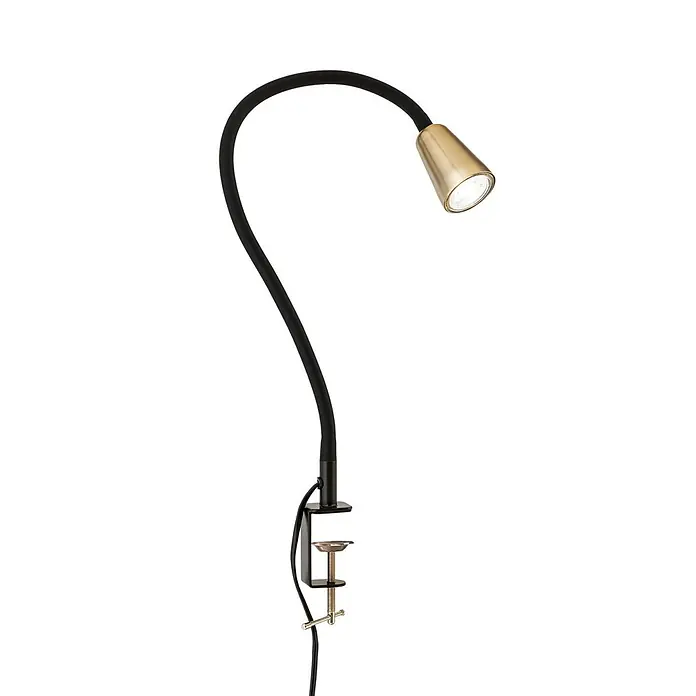 Orion Leuchten Klemmleuchte - 40 W, L x B x H: 7,5 x 24 x 58 cm - Schwarze Schwanenhals-Klemmleuchte mit messingfarbenem, beleuchtetem Kopf.