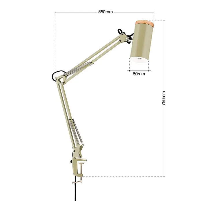 Orion Leuchten Klemmleuchte - 40 W, L x B x H: 55 x 8 x 86 cm - Verstellbare beigefarbene Metall-Schreibtischlampe mit Holzaufsatz am Lampenkopf und Klemmfuß.
