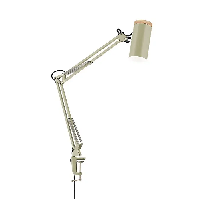 Orion Leuchten Klemmleuchte - 40 W, L x B x H: 55 x 8 x 86 cm - Salbeigrüne Klemm-Schreibtischlampe mit verstellbarem Arm und zylindrischem Schirm mit Holzaufsatz.