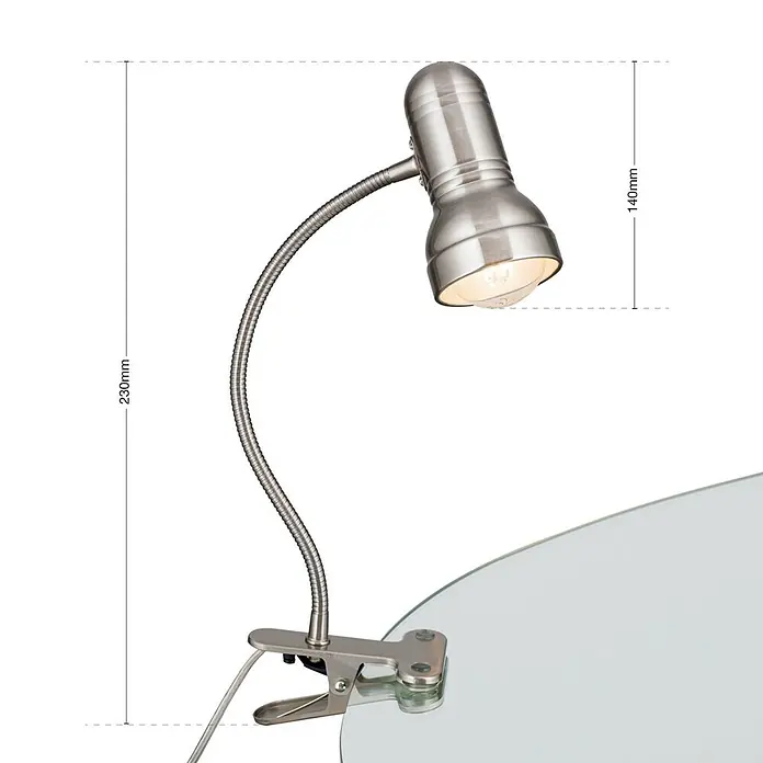 Orion Leuchten Klemmleuchte - 40 W, L x B x H: 14 x 7,5 x 23 cm - Klemmleuchte aus gebürstetem Metall mit flexiblem Schwanenhals und sichtbarer Glühbirne, Gesamthöhe 230mm.