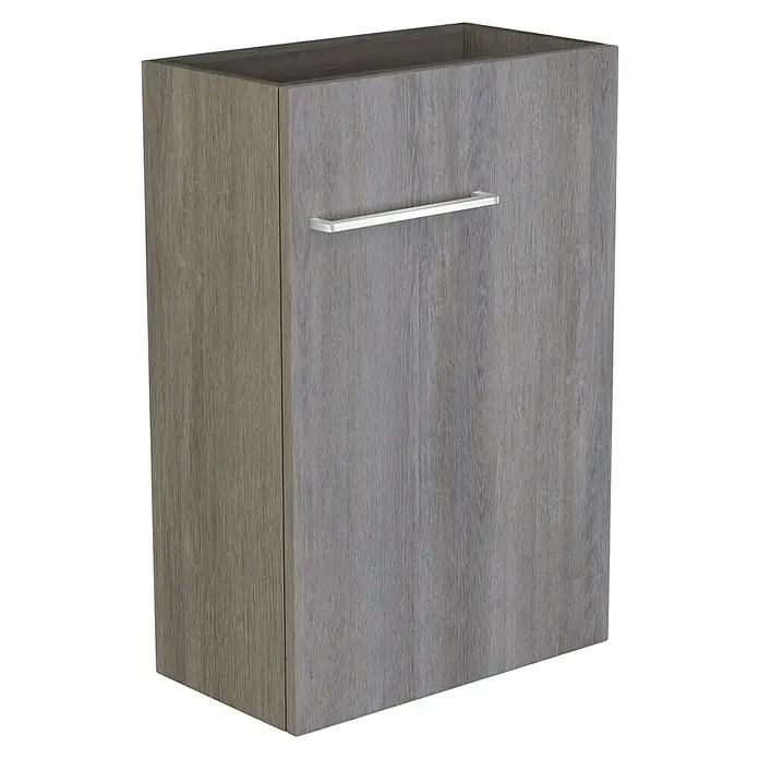 Camargue Espacio Waschtischunterschrank - 40 x 22 x 60 cm, Faro - Das Bild zeigt einen hölzernen Badezimmerschrank mit einem silbernen Griff, der Stauraum und ein modernes Design bietet.