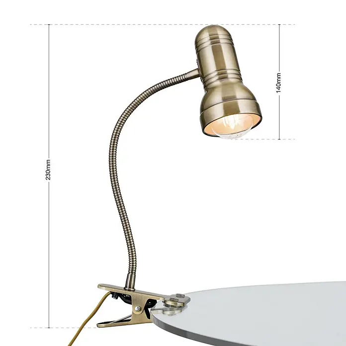 Orion Leuchten Klemmleuchte - 40 W, L x B x H: 14 x 7,5 x 23 cm - Antike Messing Klemmleuchte mit flexiblem Schwanenhals, rundem Kopf und sichtbarer Birne, an einer Oberfläche befestigt.