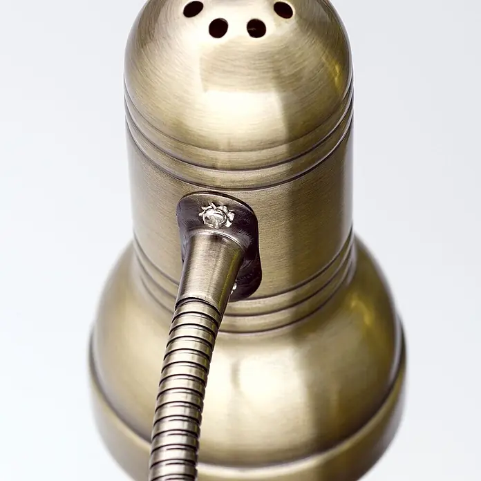 Orion Leuchten Klemmleuchte - 40 W, L x B x H: 14 x 7,5 x 23 cm - Messingfarbener Metall-Lampenkopf mit Lüftungslöchern und flexiblem Schwanenhalsanschluss mit Sternschraube.