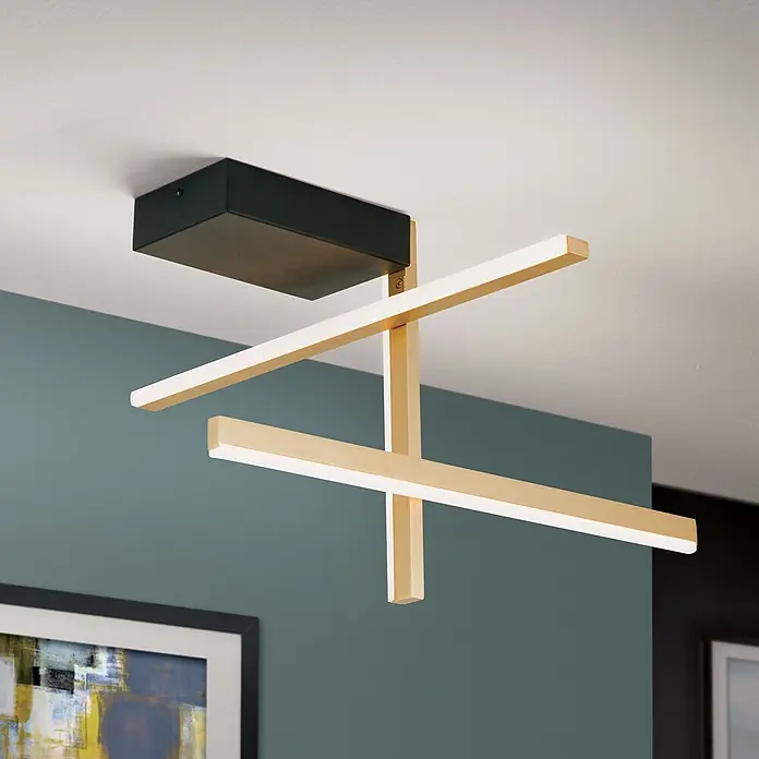 Orion Leuchten LED-Deckenleuchte - L x B x H: 50 x 50 x 30 cm - Moderne Deckenleuchte mit schwarzer Montageplatte und sich kreuzenden goldfarbenen LED-Stäben.