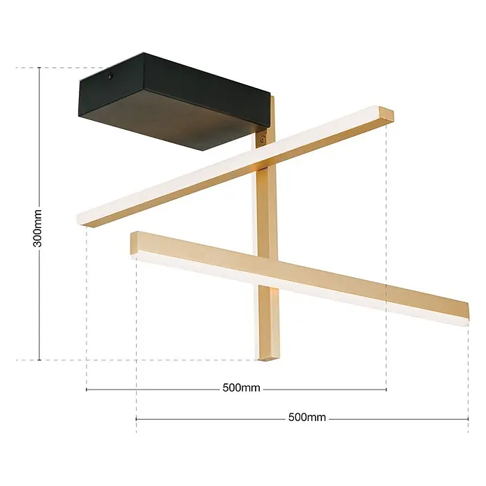 Orion Leuchten LED-Deckenleuchte - L x B x H: 50 x 50 x 30 cm - Minimalistische schwarze Deckenleuchte mit zwei kreuzenden goldenen LED-Stäben.