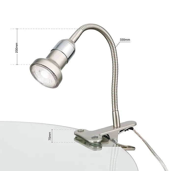 Orion Leuchten Klemmleuchte - 40 W, L x B x H: 33 x 7,5 x 23 cm - Klemmleuchte aus satiniertem Metall mit flexiblem Schwanenhals und LED-Kopf, an Glas geklemmt.