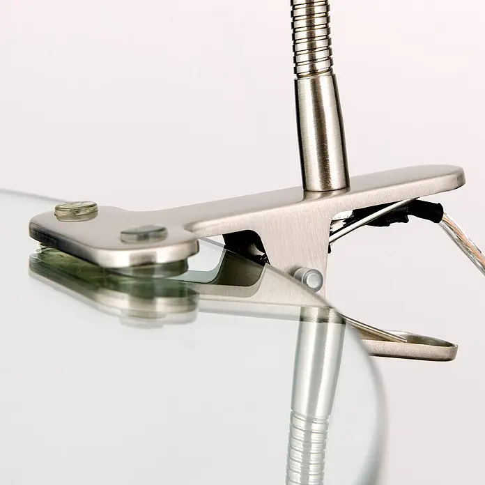 Orion Leuchten Klemmleuchte - 40 W, L x B x H: 33 x 7,5 x 23 cm - Klemmhalterung aus gebürstetem Metall mit flexiblem Arm, an transparenter Glasfläche befestigt.
