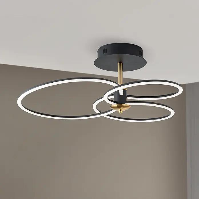 Orion Leuchten LED-Deckenleuchte - L x B x H: 68 x 59 x 26 cm - Eine moderne Deckenleuchte aus schwarzem Messing mit zwei ineinander verschlungenen, beleuchteten Ringen.