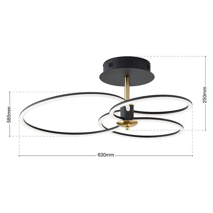 Orion Leuchten LED-Deckenleuchte - L x B x H: 68 x 59 x 26 cm - Moderne Deckenleuchte mit spiralförmigen schwarzen und weißen LED-Ringen, goldenem Stiel und schwarzem Sockel.