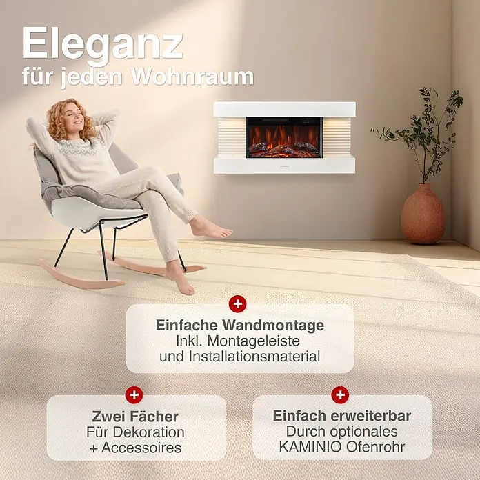 Elektrischer Kamin KAMINIO Liz - 21,7 x 82 x 41,8 cm, Weiß - Weißer Elektrokamin an der Wand in einem modernen Wohnzimmer, mit einer Person, die daneben entspannt.