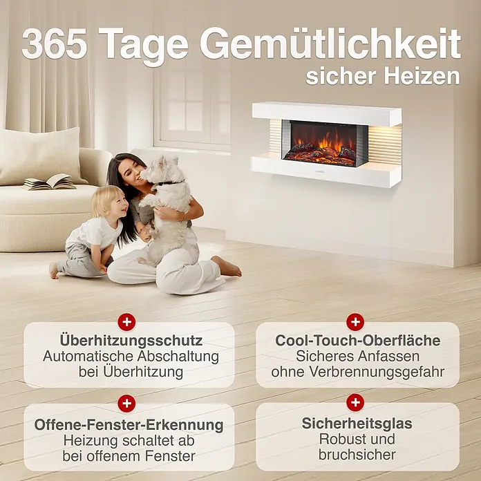 Elektrischer Kamin KAMINIO Liz - 21,7 x 82 x 41,8 cm, Weiß - Weißer Elektrokamin mit realistischen Flammen, gemütlich in ein modernes Wohnzimmer integriert, wo eine Familie die Wärme genießt.