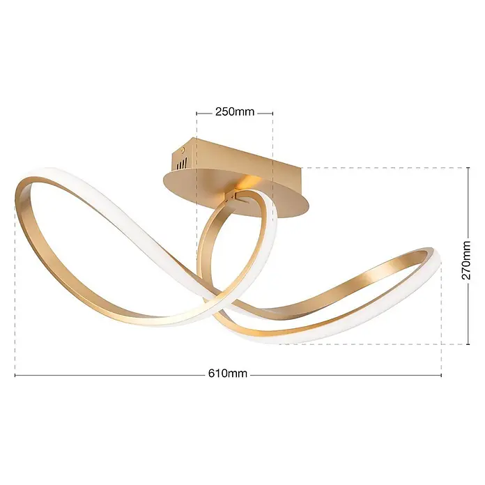 Orion Leuchten LED-Deckenleuchte - L x B x H: 27 x 25 x 27 cm - Moderne goldene Deckenleuchte mit drei ineinander verschlungenen, gewellten Armen und integrierten weißen LED-Streifen.