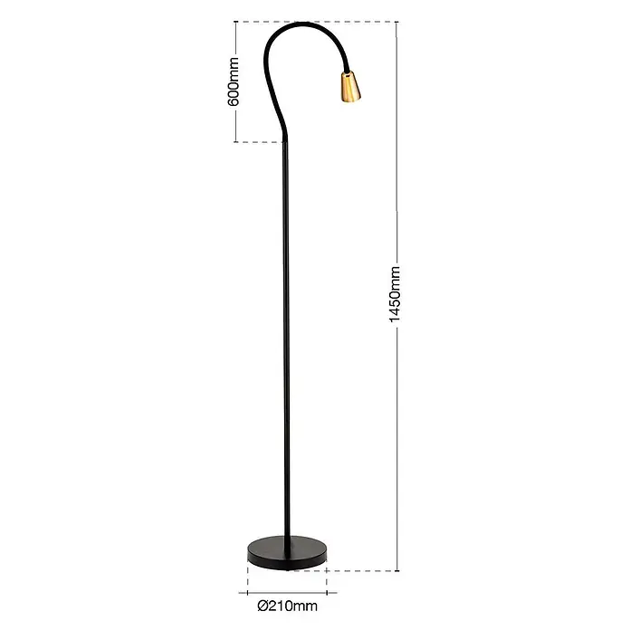 Orion Leuchten Stehleuchte - 30 W, Höhe: 148 cm, GU10 - Schwarze Stehlampe mit flexiblem Arm und goldfarbenem Leuchtenkopf. Höhe 1450mm, Fuß Ø210mm.
