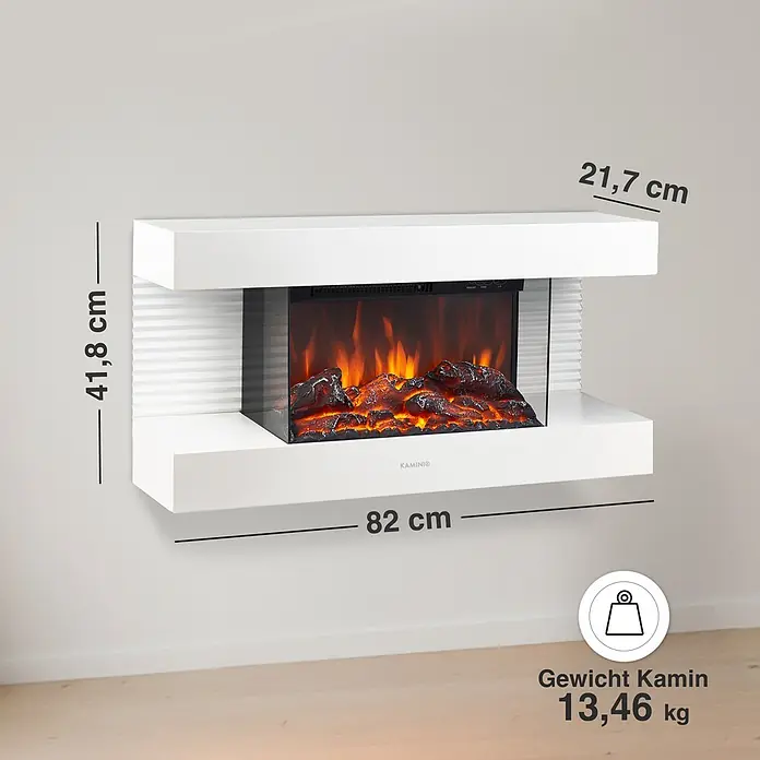 Elektrischer Kamin KAMINIO Liz - 21,7 x 82 x 41,8 cm, Weiß - Weißer Wand-Elektrokamin mit künstlichem Flammeneffekt. Maße: 82x41,8x21,7 cm, Gewicht: 13,46 kg.
