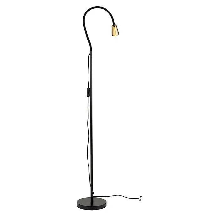 Orion Leuchten Stehleuchte - 30 W, Höhe: 148 cm, GU10 - Schwarze Metall-Stehleuchte mit gebogenem Arm, Messing-Konusschirm und Schnurschalter.