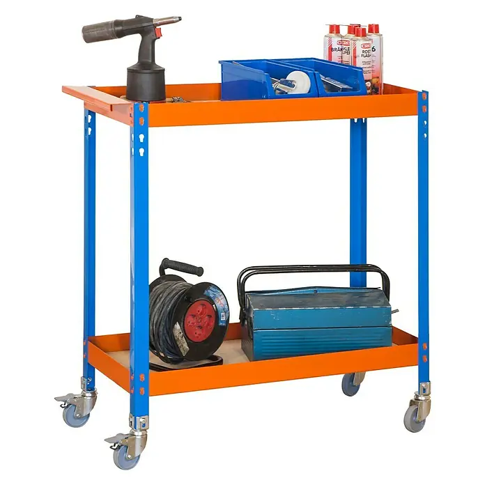 Simonrack Simonwork Werkstattrollwagen Wagon - Metall, Orange/Blau - Werkstattwagen mit Werkzeugen und Zubehör. Praktisch für den Transport und die Organisation von Arbeitsmaterialien in der Werkstatt.