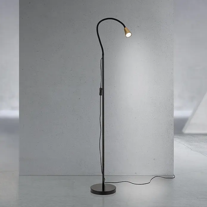 Orion Leuchten Stehleuchte - 30 W, Höhe: 148 cm, GU10 - Schwarze flexible Stehleuchte mit goldfarbenem, beleuchtetem Spotkopf.