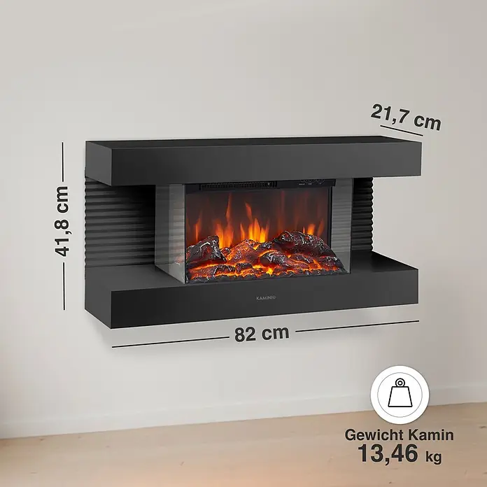 Elektrischer Kamin KAMINIO Liz - 21,7 x 82 x 41,8 cm, Schwarz - Schwarzer wandmontierter Elektrokamin mit realistischem Flammeneffekt und glühenden Holzscheiten. Maße: 82x41,8x21,7 cm, Gewicht: 13,46 kg.