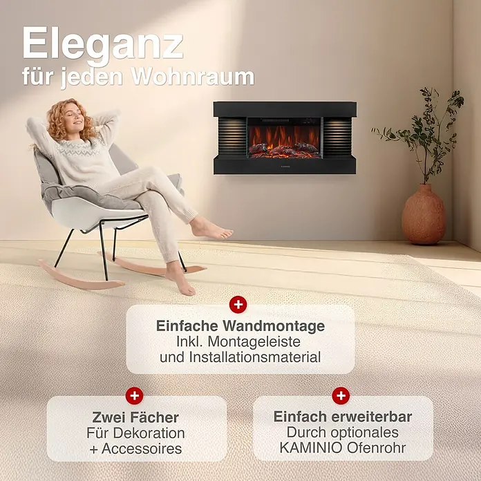 Elektrischer Kamin KAMINIO Liz - 21,7 x 82 x 41,8 cm, Schwarz - Schwarzer Wand-Elektrokamin mit Flammeneffekt in gemütlicher Wohnzimmer-Szene.