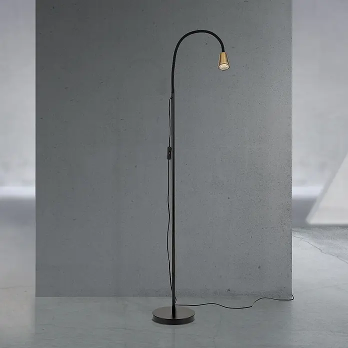 Orion Leuchten Stehleuchte - 30 W, Höhe: 148 cm, GU10 - Schwarze Stehleuchte mit gebogenem Stiel und goldenem, beleuchtetem Lampenkopf. Mit Inline-Schalter.