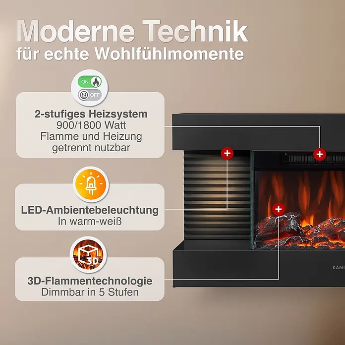 Elektrischer Kamin KAMINIO Liz - 21,7 x 82 x 41,8 cm, Schwarz - Schwarzer Elektrokamin mit realistischem 3D-Flammeneffekt und zweistufiger Heizung (900/1800W) sowie warmweißer LED-Ambientebeleuchtung.