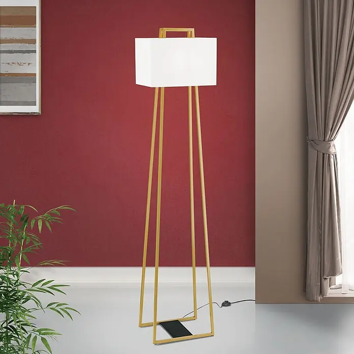 Orion Leuchten Stehleuchte - 40 W, Höhe: 175 cm, E27 - Hohe Stehleuchte mit goldfarbenem Metallrahmen und rechteckigem weißem Stoffschirm in einem modernen Wohnraum.