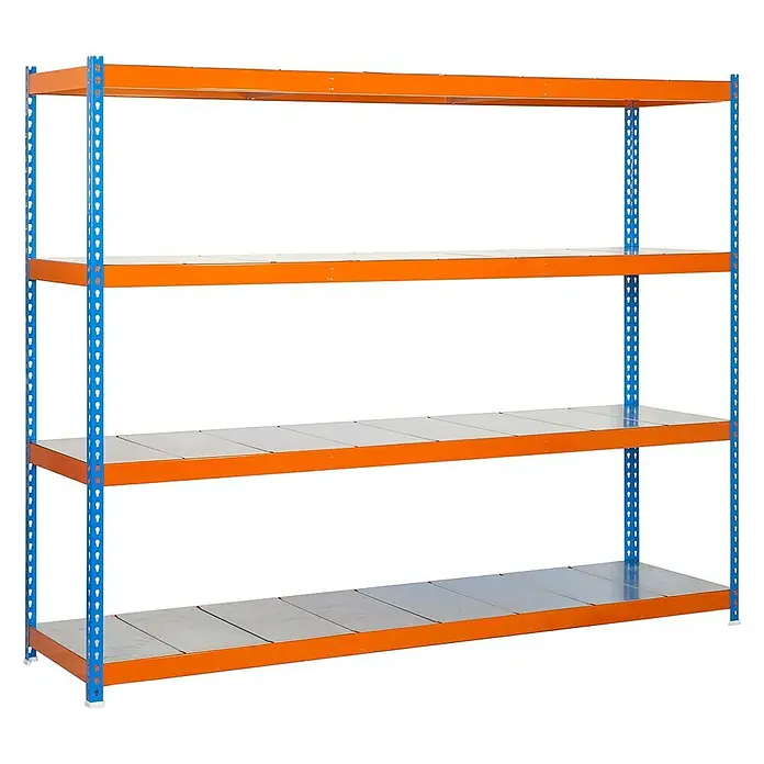 Simonrack Ecoforte Metallregal Ecoforte Metall - H x B x T: 200 x 120 x 45 cm, Traglast pro Boden: 400 kg, Anzahl Böden: 4 Stk., Stecken, Blau/Orange - Regal mit vier Ebenen, blauem Rahmen und orangefarbenen Regalböden für Lagerung und Organisation.