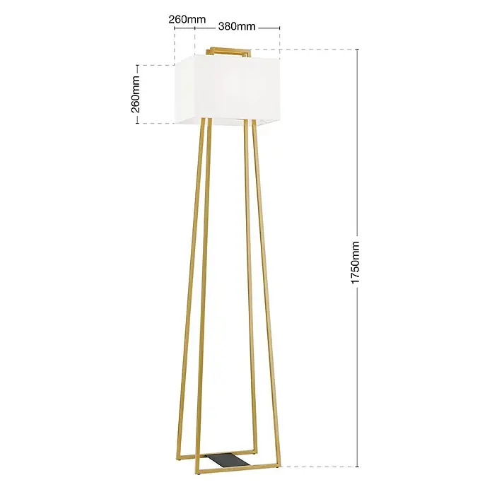 Orion Leuchten Stehleuchte - 40 W, Höhe: 175 cm, E27 - Eine Stehlampe mit goldenen Metallbeinen, einem weißen rechteckigen Lampenschirm und einem schwarzen Sockel.
