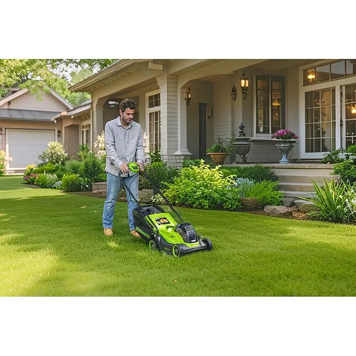 Greenworks Akku-Rasenmäher Gen2 GW 24V BL 4 AH 33 cm - 24 V, 1 Akku, 4 Ah, Schnittbreite: 33 mm - Ein Mann bedient einen grünen Greenworks Elektrorasenmäher und mäht üppiges grünes Gras in einem Vorstadtgarten.