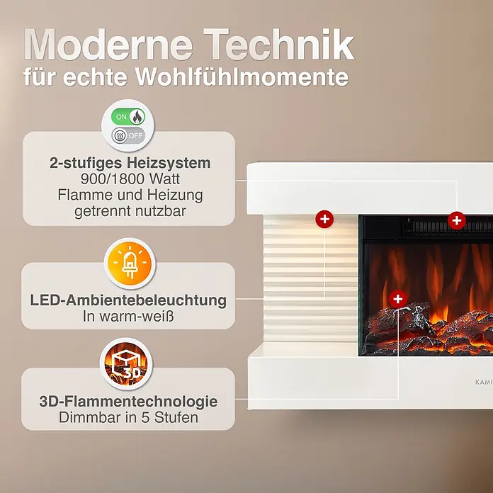 Elektrischer Kamin KAMINIO Liz - 21,7 x 82 x 41,8 cm, Weiß - Weißer Elektrokamin mit 2-stufiger Heizung (900/1800W), getrennter Flamme/Heizung, warmweißer LED-Beleuchtung & dimmbarer 3D-Flammentechnik.