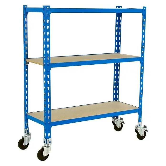 Simonrack Maderclick Estantería metálica Mobile Mini - Al x An x Pr: 90 x 80 x 30 cm, Número de baldas: 3 ud., Inserción, Azul - Estantería azul de alta resistencia con 3 estantes y ruedas para fácil transporte, ideal para taller o almacén.
