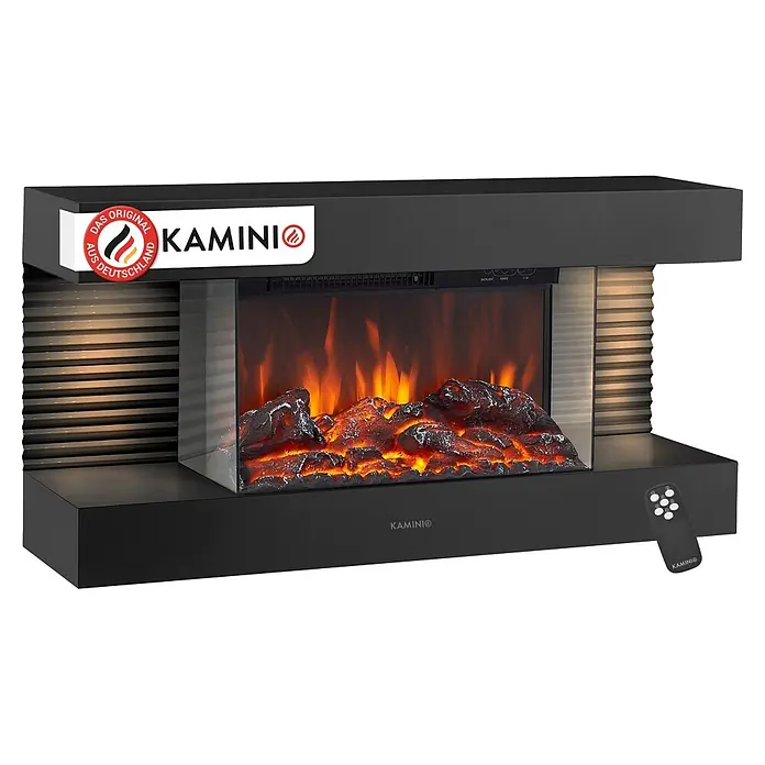 Elektrischer Kamin KAMINIO Liz - 21,7 x 82 x 41,8 cm, Schwarz - Schwarzer KAMINIO Elektrokamin mit „Original aus Deutschland“-Siegel, künstlichem Flammeneffekt, realistischen Holzscheiten und Fernbedienung.