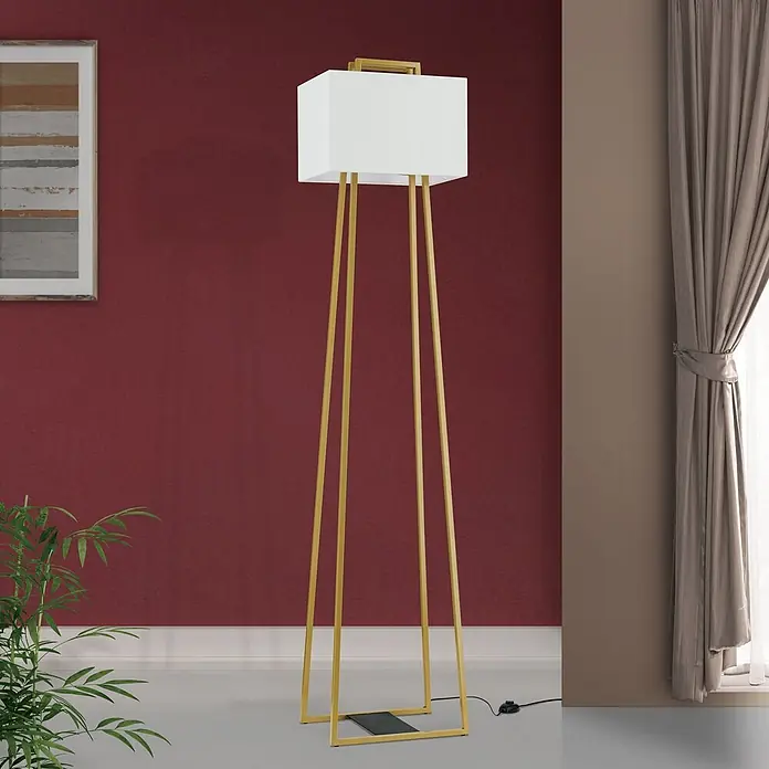 Orion Leuchten Stehleuchte - 40 W, Höhe: 175 cm, E27 - Hohe Stehlampe mit weißem rechteckigem Schirm und goldfarbenem Metallgestell mit vier Beinen.